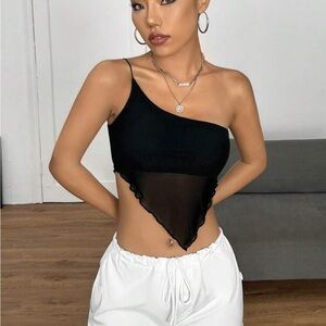 Black One-Shoulder Mesh Women Top